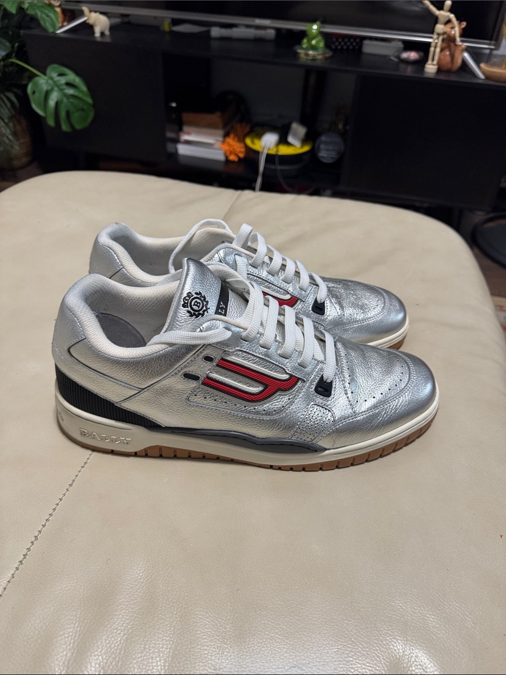 Bally Silver Leather Sneakers with Red Detail